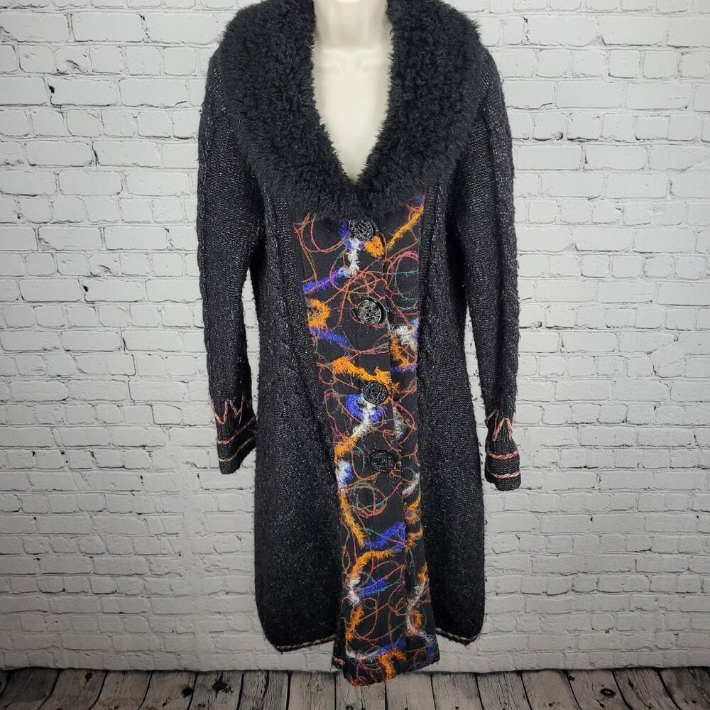 Ivonne Nordstrom Black Knit Faux Fur Collar Multicolor Button Cardigan Size G